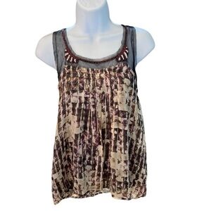 Jaloux Beaded Boho 100% Silk Sleeveless Blouse Tank Top Size Medium